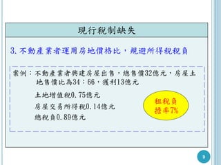 9
現行稅制缺失
3.不動產業者運用房地價格比，規避所得稅稅負
案例：不動產業者興建房屋出售，總售價32億元，房屋土
地售價比為34：66，獲利13億元
土地增值稅0.75億元
房屋交易所得稅0.14億元
總稅負0.89億元
租稅負
擔率7%
 
