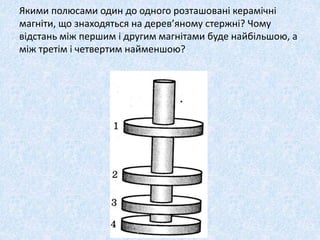 Якими полюсами один до одного розташовані керамічні
магніти, що знаходяться на дерев’яному стержні? Чому
відстань між першим і другим магнітами буде найбільшою, а
між третім і четвертим найменшою?
 