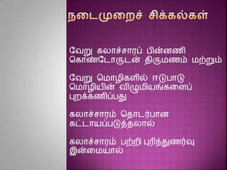 ரவறு கலாச்சாரப் பின்ைைி
சகாண்ரடாருடன் திருமைம் மற்றும்
ரவறு சமாழிகைில் ஈடுபாடு
சமாழியின் விழுமியங்கனைப்
புைக்கைிப்பது
கலாச்சாரம் சதாடர்பாை
கட்டாயப்படுத்தலால்
கலாச்சாரம் பற்ைி புரிந்துைர்வு
இன்னமயால்
 