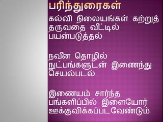 கல்வி நினலயங்கள் கற்றுத்
தருவனத வ ீட்டில்
பயன்படுத்தல்
நவ ீை சதாழில்
நுட்பங்களுடன் இனைந்து
சசயல்படல்
இனையம் சார்ந்த
பங்கைிப்பில் இனைரயார்
ஊக்குவிக்கப்படரவண்டும்
 