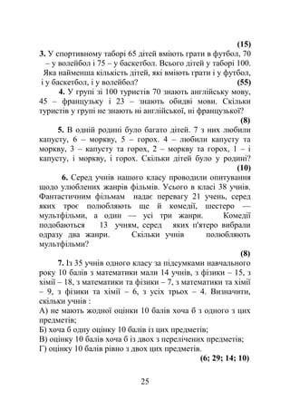 (15)
3. У спортивному таборі 65 дітей вміють грати в футбол, 70
– у волейбол і 75 – у баскетбол. Всього дітей у таборі 100.
Яка найменша кількість дітей, які вміють грати і у футбол,
і у баскетбол, і у волейбол? (55)
4. У групі зі 100 туристів 70 знають англійську мову,
45 – французьку і 23 – знають обидві мови. Скільки
туристів у групі не знають ні англійської, ні французької?
(8)
5. В одній родині було багато дітей. 7 з них любили
капусту, 6 – моркву, 5 – горох. 4 – любили капусту та
моркву, 3 – капусту та горох, 2 – моркву та горох, 1 – і
капусту, і моркву, і горох. Скільки дітей було у родині?
(10)
6. Серед учнів нашого класу проводили опитування
щодо улюблених жанрів фільмів. Усього в класі 38 учнів.
Фантастичним фільмам надає перевагу 21 учень, серед
яких троє полюбляють ще й комедії, шестеро —
мультфільми, а один — усі три жанри. Комедії
подобаються 13 учням, серед яких п'ятеро вибрали
одразу два жанри. Скільки учнів полюбляють
мультфільми?
(8)
7. Із 35 учнів одного класу за підсумками навчального
року 10 балів з математики мали 14 учнів, з фізики – 15, з
хімії – 18, з математики та фізики – 7, з математики та хімії
– 9, з фізики та хімії – 6, з усіх трьох – 4. Визначити,
скільки учнів :
А) не мають жодної оцінки 10 балів хоча б з одного з цих
предметів;
Б) хоча б одну оцінку 10 балів із цих предметів;
В) оцінку 10 балів хоча б із двох з перелічених предметів;
Г) оцінку 10 балів рівно з двох цих предметів.
(6; 29; 14; 10)
25
 