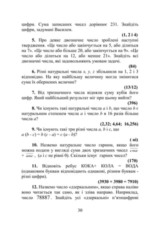 цифри. Сума записаних чисел дорівнює 231. Знайдіть
цифри, задумані Василем.
(1, 2 і 4)
5. Про деяке двозначне число зроблені наступні
твердження. «Це число або закінчується на 5, або ділиться
на 7». «Це число або більше 20, або закінчується на 9». «Це
число або ділиться на 12, або менше 21». Знайдіть всі
двозначні числа, які задовольняють умовам задачі.
(84)
6. Різні натуральні числа x, y, z збільшили на 1, 2 і 3
відповідно. На яку найбільшу величину могла змінитися
сума їх обернених величин?
(13/12)
7. Від тризначного числа відняли суму кубів його
цифр. Який найбільший результат міг при цьому вийти?
(396)
8. Чи існують такі натуральні числа а і b, що число b є
натуральним степенем числа a і число b в 16 разів більше
числа а?
(2,32; 4,64; 16,256)
9. Чи існують такі три різні числа а, b і с, що
а (b - c) = b (c - a) = c (a - b)?
( ні)
10. Назвемо натуральне число гарним, якщо його
можна подати у вигляді суми двох тризначних чисел сва
+ авс , (a і с не рівні 0). Скільки існує гарних чисел?
(170)
11. Відновіть ребус КОКА+ КОЛА = ВОДА
(однаковим буквам відповідають однакові, різним буквам -
різні цифри).
(3930 + 3980 = 7910)
12. Назвемо число «дзеркальним», якщо справа наліво
воно читається так само, як і зліва направо. Наприклад,
число 78887 . Знайдіть усі «дзеркальні» п’ятицифрові
30
 