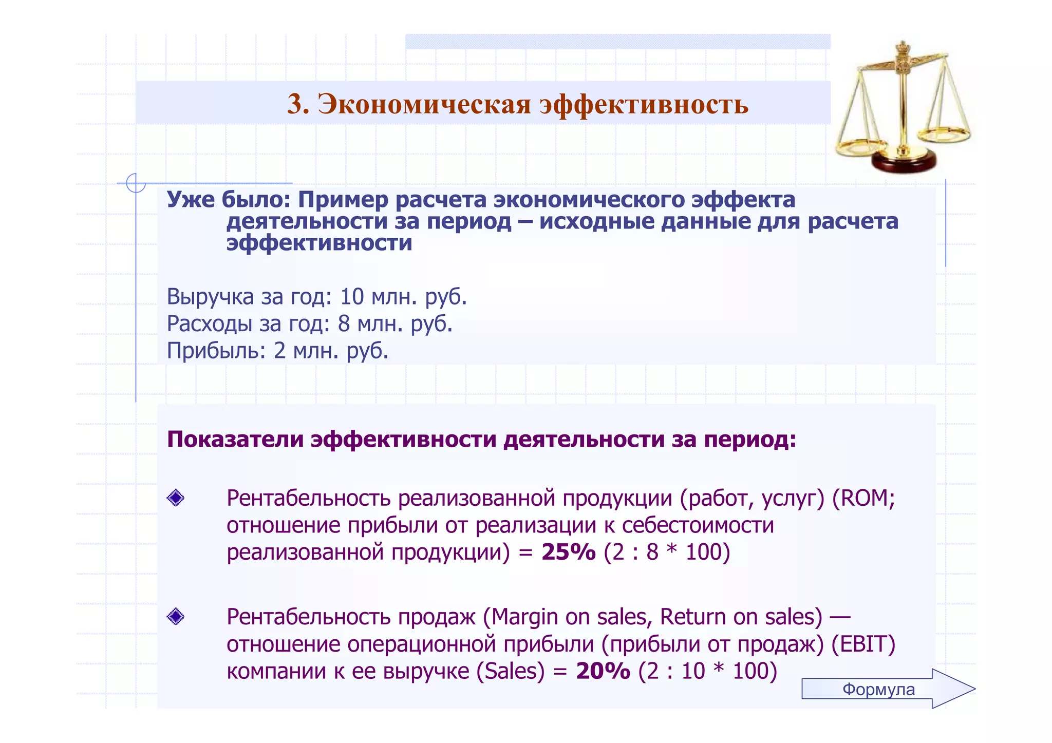 3. Экономическая эффективность
Уже было: Пример расчета экономического эффекта
деятельности за период – исходные данные для расчета
эффективности
Выручка за год: 10 млн. руб.
Расходы за год: 8 млн. руб.
Прибыль: 2 млн. руб.
Показатели эффективности деятельности за период:
Рентабельность реализованной продукции (работ, услуг) (ROM;
отношение прибыли от реализации к себестоимости
реализованной продукции) = 25% (2 : 8 * 100)
Рентабельность продаж (Margin on sales, Return on sales) —
отношение операционной прибыли (прибыли от продаж) (EBIT)
компании к ее выручке (Sales) = 20% (2 : 10 * 100)
Формула
 