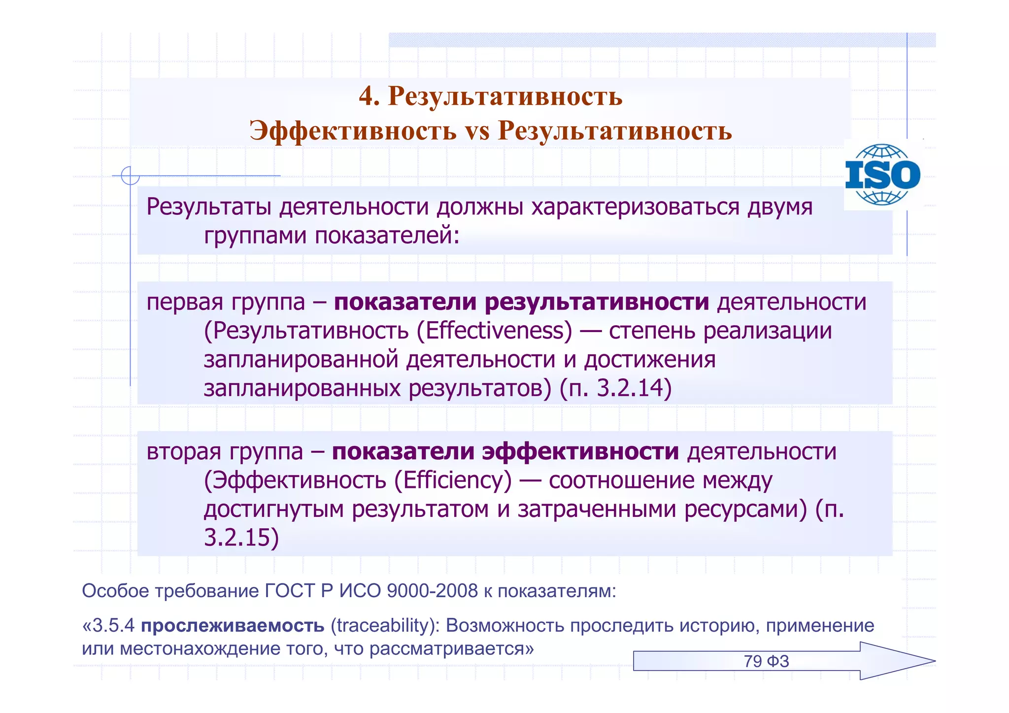 4. Результативность
Эффективность vs Результативность
Результаты деятельности должны характеризоваться двумя
группами показателей:
Особое требование ГОСТ Р ИСО 9000-2008 к показателям:
«3.5.4 прослеживаемость (traceability): Возможность проследить историю, применение
или местонахождение того, что рассматривается»
79 ФЗ
первая группа – показатели результативности деятельности
(Результативность (Effectiveness) — степень реализации
запланированной деятельности и достижения
запланированных результатов) (п. 3.2.14)
вторая группа – показатели эффективности деятельности
(Эффективность (Efficiency) — соотношение между
достигнутым результатом и затраченными ресурсами) (п.
3.2.15)
 