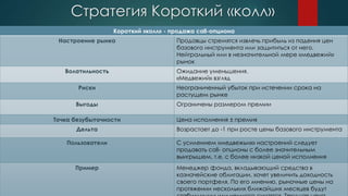 Стратегия Короткий «колл»
Короткий «колл» - продажа call-опциона
Настроение рынка Продавцы стремятся извлечь прибыль из падения цен
базового инструмента или защититься от него.
Нейтральный или в незначительной мере «медвежий»
рынок
Волатильность Ожидание уменьшения.
«Медвежий» взгляд
Риски Неограниченный убыток при истечении срока на
растущем рынке
Выгоды Ограничены размером премии
Точка безубыточности Цена исполнения ± премия
Дельта Возрастает до -1 при росте цены базового инструмента
Пользователи С усилением «медвежьих» настроений следует
продавать call- опционы с более значительным
выигрышем, т.е. с более низкой ценой исполнения
Пример Менеджер фонда, вкладывающий средства в
казначейские облигации, хочет увеличить доходность
своего портфеля. По его мнению, рыночные цены на
протяжении нескольких ближайших месяцев будут
 