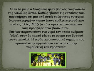 Σε άλλο μύθο ο Στάφυλος ήταν βοσκός του βασιλέα
της Αιτωλίας Οινέα. Καθώς έβοσκε τις κατσίκες του,
παρατήρησε ότι μια από αυτές τρώγοντας συνέχεια
ένα συγκεκριμένο καρπό έκανε τρέλες περισσότερο
από τις άλλες. Μάζεψε τότε αρκετά σταφύλια και
τους πρόσφερε στον βασιλιά του.
Εκείνος παρασκεύασε ένα χυμό τον οποίο ονόμασε
"οίνο", στον δε καρπό έδωσε το όνομα του βοσκού
του (σταφύλι).Η τεράστια οικονομική σημασία του
κρασιού στην αρχαιότητα επέφερε και την
νομοθετική του προστασία.
 