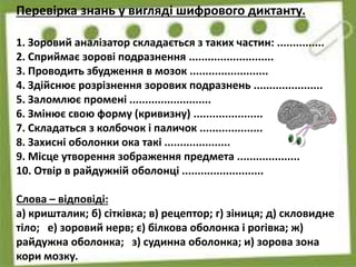Перевірка знань у вигляді шифрового диктанту.
1. Зоровий аналізатор складається з таких частин: ...............
2. Сприймає зорові подразнення ...........................
3. Проводить збудження в мозок .........................
4. Здійснює розрізнення зорових подразнень ......................
5. Заломлює промені ..........................
6. Змінює свою форму (кривизну) ......................
7. Складаться з колбочок і паличок ....................
8. Захисні оболонки ока такі .....................
9. Місце утворення зображення предмета ....................
10. Отвір в райдужній оболонці ..........................
Слова – відповіді:
а) кришталик; б) сітківка; в) рецептор; г) зіниця; д) скловидне
тіло; е) зоровий нерв; є) білкова оболонка і рогівка; ж)
райдужна оболонка; з) судинна оболонка; и) зорова зона
кори мозку.
 