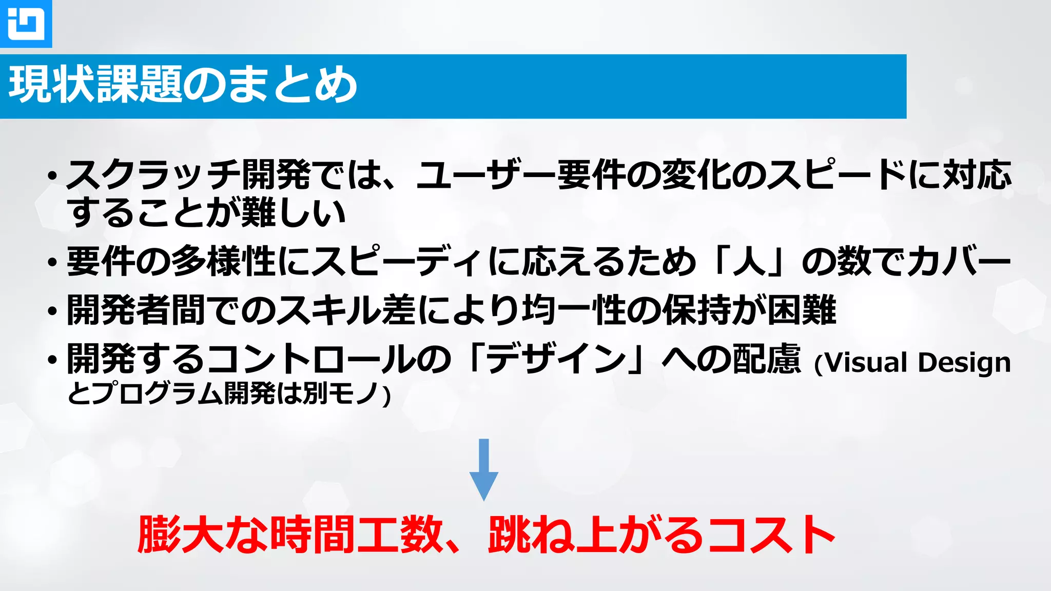 現状課題のまとめ
• スクラッチ開発では、ユーザー要件の変化のスピードに対応
することが難しい
• 要件の多様性にスピーディに応えるため「人」の数でカバー
• 開発者間でのスキル差により均一性の保持が困難
• 開発するコントロールの「デザイン」への配慮 (Visual Design
とプログラム開発は別モノ)
膨大な時間工数、跳ね上がるコスト
 