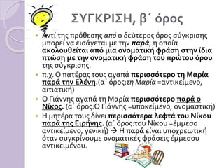 ΣΥΓΚΡΙΣΗ, β΄ όρος
 Αντί της πρόθεσης από ο δεύτερος όρος σύγκρισης
μπορεί να εισάγεται με την παρά, η οποία
ακολουθείται από μια ονοματική φράση στην ίδια
πτώση με την ονοματική φράση του πρώτου όρου
της σύγκρισης.
 π.χ. Ο πατέρας τους αγαπά περισσότερο τη Μαρία
παρά την Ελένη.(α΄ όρος:τη Μαρία =αντικείμενο,
αιτιατική)
 Ο Γιάννης αγαπά τη Μαρία περισσότερο παρά ο
Νίκος. (α΄ όρος:Ο Γιάννης =υποκείμενο, ονομαστική)
 Η μητέρα τους δίνει περισσότερα λεφτά του Νίκου
παρά της Ειρήνης. (α΄ όρος:του Νίκου =έμμεσο
αντικείμενο, γενική)  Η παρά είναι υποχρεωτική
όταν συγκρίνουμε ονοματικές φράσεις έμμεσου
αντικειμένου.
 