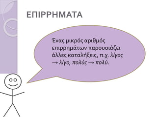 ΕΠΙΡΡΗΜΑΤΑ
Ένας μικρός αριθμός
επιρρημάτων παρουσιάζει
άλλες καταλήξεις, π.χ. λίγος
→ λίγο, πολύς → πολύ.
 