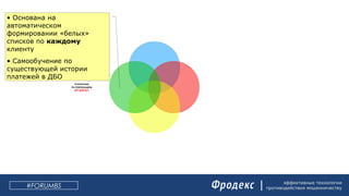 эффективные технологии
противодействия мошенничеству#FORUMBS
Поведение клиента
в сессии ДБО:
ЧТО ДЕЛАЛ?
Статистика по
компьютеру клиента:
ОТКУДА?
Статистика по
получателю:
КОМУ?
Статистика
по плательщику
ОТ КОГО?
• Основана на
автоматическом
формировании «белых»
списков по каждому
клиенту
• Самообучение по
существующей истории
платежей в ДБО
 
