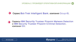 эффективные технологии
противодействия мошенничеству
Сервис Bot-Trek Intelligent Bank, компания Group-IB;
Сервисы IBM Security Trusteer Pinpoint Malware Detection
и IBM Security Trusteer Pinpoint Criminal Detection,
компания IBM.
#FORUMBS
 
