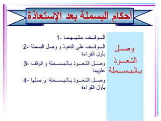 ‫الستعاذة‬ ‫بعد‬ ‫البسملة‬ ‫أحكام‬
1- ‫عـلـيــهـمـا‬ ‫الـــوقـــف‬
‫وصــل‬
‫التـعـــوذ‬
‫بـالـبـســـملة‬
2- ‫البسملة‬ ‫وصل‬ ‫و‬ ‫التعوذ‬ ‫على‬ ‫الـــوقـــف‬
‫القراءة‬ ‫بأول‬
3- ‫الوقف‬ ‫و‬ ‫بـالـبـســـملة‬ ‫التـعـــوذ‬ ‫وصــل‬
‫عليهما‬
4- ‫صلها‬ ‫و‬ ‫بـالـبـســـملة‬ ‫التـعـــوذ‬ ‫وصــل‬
‫القراءة‬ ‫بأول‬
 