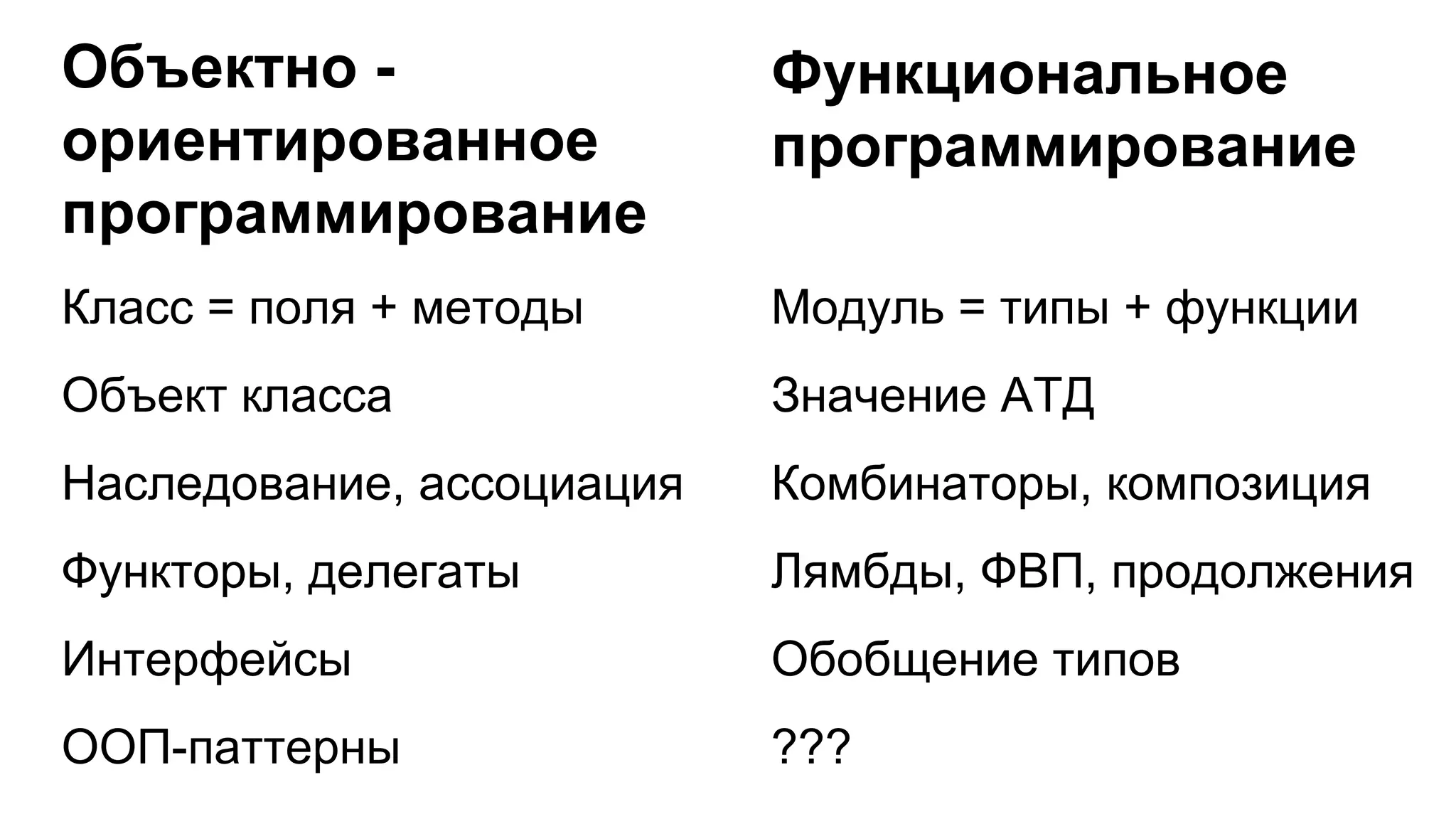Класс = поля + методы
Объект класса
Наследование, ассоциация
Функторы, делегаты
Интерфейсы
ООП-паттерны
Модуль = типы + функции
Значение АТД
Комбинаторы, композиция
Лямбды, ФВП, продолжения
Обобщение типов
???
Объектно -
ориентированное
программирование
Функциональное
программирование
 