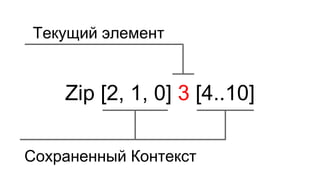 Zip [2, 1, 0] 3 [4..10]
Текущий элемент
Сохраненный Контекст
 
