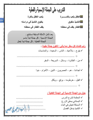 ‫بالكرة‬ ‫الطفل‬ ‫يلعب‬ ‫بالكــــــــرة‬ ‫يلعب‬ ‫الطفل‬
‫دراسته‬ ‫في‬ ‫التلميذ‬ ‫يتفوق‬ ‫متفوق‬ ‫التلميذ‬
‫محطته‬ ‫في‬ ‫يقف‬ ‫القطار‬‫محطته‬ ‫في‬ ‫القطار‬ ‫يقف‬
‫يأتي‬ ‫مما‬ ‫سطر‬ ‫كل‬ ‫كلمات‬ ‫رتب‬‫مفيدة‬ ‫جملة‬ ‫لتكون‬ ‫؛‬:
‫يفرح‬–‫باألعياد‬–‫الناس‬–‫السعيدة‬–‫والمناسبات‬
o....................................................................................
‫من‬–‫الطائرة‬–‫وسائل‬–‫السريعة‬–‫السفر‬
o.....................................................................................
‫أجدادنا‬–‫هم‬–‫المصريون‬–‫الذين‬–‫األهرام‬–‫بنوا‬
o.....................................................................................
‫الفيل‬–‫خرطومه‬–‫يرفع‬–‫ويأكل‬
o....................................................................................
: ‫الفعلية‬ ‫الجملة‬ ‫إلى‬ ‫اإلسمية‬ ‫الجملة‬ ‫من‬ ‫ل‬‫حو‬
‫المعلمة‬‫تشرح‬‫الدرس‬.....................................
‫البستاني‬‫ي‬‫سقى‬‫الزرع‬.....................................
‫السمكة‬‫ت‬‫عيش‬‫في‬‫الماء‬.....................................
‫التلميذ‬‫ي‬‫دخل‬‫الفصل‬......................................
: ‫نستنتج‬ ‫السابقة‬ ‫األمثلة‬ ‫تأمل‬ ‫بعد‬
‫باسم‬ ‫تبدأ‬ ‫جملة‬ ‫كل‬ : ‫اإلسمية‬ ‫الجملة‬
‫بفعل‬ ‫تبدأ‬ ‫جملة‬ ‫كل‬ : ‫الفعلية‬ ‫الجملة‬
 