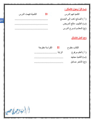 : ‫كالمثال‬ ‫وحول‬ ‫اقرأ‬ )‫(ب‬
‫الدرس‬ ‫فهم‬ ‫التلميذ‬‫الدرس‬ ‫فهمت‬ ‫التلميذة‬
................................................ ‫المصنع‬ ‫إلى‬ ‫ذهب‬ ‫الصانع‬ ) ‫أ‬ (
)‫(ب‬................................................ ‫المريض‬ ‫عالج‬ ‫الطبيب‬
................................................ ‫الدرس‬ ‫شـــرح‬ ‫المعلــم‬ )‫(ج‬
‫كالمثال‬ ‫أكمل‬ )‫(ج‬
‫مفتوح‬ ‫الكتاب‬‫م‬ ‫الكراسة‬‫فتوحة‬
................................. ‫الراية‬ ‫مرفوع‬ ‫العلم‬ ) ‫أ‬ (
.......................................... ‫مجتهد‬ ‫التلميذ‬ )‫(ب‬
.......................................... ‫صادق‬ ‫التاجر‬ )‫(ج‬
 