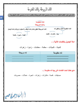 ‫المفتوحة‬ ‫التاء‬ ‫وتسمى‬ } ‫ت‬ { ‫وتكتب‬ ‫المربوطة‬ ‫التاء‬ ‫وتسمى‬ } ‫ــة‬ / ‫ة‬ { ‫تكتب‬ ‫الكلمة‬ ‫آخر‬ ‫فى‬ ‫التاء‬
: ‫اآلتية‬ ‫بالكلمات‬ ‫الجدول‬ ‫امأل‬-
‫تلميذة‬–‫تلميذات‬–‫معلمة‬–‫معلمات‬–‫زهرة‬–‫زهرات‬
‫مفتوحة‬ ‫تاء‬‫مربوطة‬ ‫تاء‬
.........................................
........................................
.........................................
.........................................
........................................
.........................................
: ‫مفتوحة‬ ‫تاء‬ ‫بها‬ ‫التى‬ ‫الكلمات‬ ‫تحت‬ ‫ا‬ًّ‫خطــ‬ ‫ضع‬-
‫صديقات‬–‫قصة‬–‫طائرات‬–‫زهرات‬–‫شجرة‬–‫عمالت‬–‫مصريات‬
‫المفتوحة‬ ‫التاء‬
‫المربوطة‬ ‫والتاء‬
‫تنطق‬ ‫المربوطة‬ ‫التاء‬(‫هاء‬)‫الوقف‬ ‫عند‬(‫السكوت‬)‫و‬(‫تاء‬)‫الوصل‬ ‫عند‬
‫قصة‬–‫شجرة‬–‫تفاحة‬
‫تاء‬ ‫وتنطق‬ ‫تكتب‬ ‫المفتوحة‬ ‫التاء‬
‫بيت‬–‫طائرات‬–‫فتحت‬
 