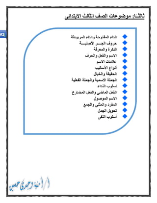 ‫ا‬ًّ‫ثالثــ‬‫موضوعات‬ :‫االبتدائى‬ ‫الثالث‬ ‫الصف‬
‫المربوطة‬ ‫والتاء‬ ‫المفتوحة‬ ‫التاء‬
‫الجـ‬ ‫حروف‬‫األصليــــة‬ ‫ـــر‬
‫والمعرفة‬ ‫النكرة‬
‫والحرف‬ ‫والفعل‬ ‫االسم‬
‫االسم‬ ‫عالمات‬
‫األساليب‬ ‫أنواع‬
‫والخيال‬ ‫الحقيقة‬
‫الفعلية‬ ‫والجملة‬ ‫االسمية‬ ‫الجملة‬
‫النداء‬ ‫أسلوب‬
‫المضارع‬ ‫والفعل‬ ‫الماضى‬ ‫الفعل‬
‫الموصول‬ ‫االسم‬
‫والجمع‬ ‫والمثنى‬ ‫المفرد‬
‫الجمل‬ ‫تحويل‬
‫النفى‬ ‫أسلوب‬
 