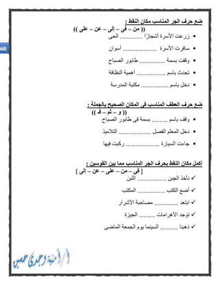 : ‫النقط‬ ‫مكان‬ ‫المناسب‬ ‫الجر‬ ‫حرف‬ ‫ضع‬
‫من‬ ((–‫فى‬–‫إلى‬–‫عن‬–)) ‫على‬
‫الحى‬ .............. ‫ًا‬‫ر‬‫أشجا‬ ‫األسرة‬ ‫زرعت‬
...... ‫األسرة‬ ‫سافرت‬‫أسوان‬ ...............
‫الصباح‬ ‫طابور‬ ................ ‫بسمة‬ ‫وقفت‬
‫النظافة‬ ‫أهمية‬ .................. ‫باسم‬ ‫تحدث‬
‫المدرسة‬ ‫مكتبة‬ ................. ‫باسم‬ ‫دخل‬
: ‫بالجملة‬ ‫الصحيح‬ ‫المكان‬ ‫فى‬ ‫المناسب‬ ‫العطف‬ ‫حرف‬ ‫ضع‬
‫و‬ ((–‫ثم‬–)) ‫فـ‬
‫الصبا‬ ‫طابور‬ ‫فى‬ ‫بسمة‬ .......... ‫باسم‬ ‫وقف‬‫ح‬
‫التالميذ‬ .................... ‫الفصل‬ ‫المعلم‬ ‫دخل‬
‫فيها‬ ‫ركبت‬ ..................... ‫السيارة‬ ‫جاءت‬
: ‫القوسين‬ ‫بين‬ ‫مما‬ ‫المناسب‬ ‫الجر‬ ‫بحرف‬ ‫النقط‬ ‫مكان‬ ‫أكمل‬
‫فى‬ {–‫من‬–‫على‬–‫عن‬–} ‫إلى‬
‫اللبن‬ .................. ‫الجبن‬ ‫نأخذ‬
‫المكتب‬ ................. ‫الكتب‬ ‫أضع‬
‫ابت‬‫األشرار‬ ‫مصاحبة‬ ............... ‫عد‬
‫الجيزة‬ .......... ‫األهرامات‬ ‫توجد‬
‫الماضى‬ ‫الجمعة‬ ‫يوم‬ ‫السينما‬ ........... ‫ذهبنا‬
 