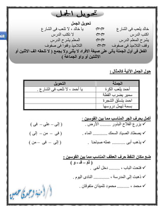 : ‫كالمثال‬ ‫اآلتية‬ ‫الجمل‬ ‫حول‬
‫الجملة‬‫التحويل‬
‫الكرة‬ ‫يلعب‬ ‫أحمد‬‫تلعب‬ ‫ال‬ ، ‫أحمد‬ ‫يا‬. ‫الشارع‬ ‫فى‬
‫القطة‬ ‫يضرب‬ ‫سمير‬
‫الشجرة‬ ‫يتسلق‬ ‫احمد‬
‫دروسها‬ ‫تهمل‬ ‫بسمة‬
‫القوسين‬ ‫بين‬ ‫مما‬ ‫المناسب‬ ‫الجر‬ ‫بحرف‬ ‫أكمل‬:
‫إلى‬ ( . ‫األرض‬ ......... ‫البذور‬ ‫الفالح‬ ‫يزرع‬–‫على‬–) ‫فى‬
‫فى‬ ( . ‫الماء‬ ............ ‫السمك‬ ‫الصياد‬ ‫يصطاد‬–‫م‬‫ن‬–) ‫إلى‬
‫إلى‬ ( . ‫ا‬ً‫ـ‬‫صباح‬ ‫عمله‬ ........... ‫أبى‬ ‫يذهب‬–‫فى‬–) ‫من‬
: ‫القوسين‬ ‫بين‬ ‫مما‬ ‫المناسب‬ ‫العطف‬ ‫حرف‬ ‫النقط‬ ‫مكان‬ ‫ضع‬
‫ثم‬ (–‫فـ‬-) ‫و‬
. ‫أخى‬ ‫دخل‬ ......... ، ‫الباب‬ ‫فتحت‬
. ‫اليوم‬ ‫النادى‬ ............. ، ‫المدرسة‬ ‫إلى‬ ‫ذهبت‬
..... ، ‫محمد‬. ‫متفوقان‬ ‫تلميذان‬ ‫محمود‬ .....
‫الجمل‬ ‫تحويل‬
‫الشارع‬ ‫فى‬ ‫يلعب‬ ‫خالد‬‫الشارع‬ ‫فى‬ ‫تلعب‬ ‫ال‬ ، ‫خالد‬ ‫يا‬
‫الدرس‬ ‫اكتب‬‫الدرس‬ ‫تكتب‬ ‫ال‬
‫الدرس‬ ‫المعلم‬ ‫يشرح‬‫الدرس‬ ‫يشرح‬ ‫المعلم‬
‫وقف‬‫صفوف‬ ‫فى‬ ‫التالميذ‬‫التالميذ‬‫وقفوا‬‫صفوف‬ ‫فى‬
‫أو‬ ‫االثنين‬ ‫الف‬ ‫تلحقه‬ ‫ال‬ ( ‫يجمع‬ ‫وال‬ ‫يثنى‬ ‫ال‬ ‫االفراد‬ ‫صيغة‬ ‫على‬ ‫يأتى‬ ‫الجملة‬ ‫أول‬ ‫فى‬ ‫الفعل‬
) ‫الجماعة‬ ‫واو‬ ‫أو‬ ‫االثنتين‬
 