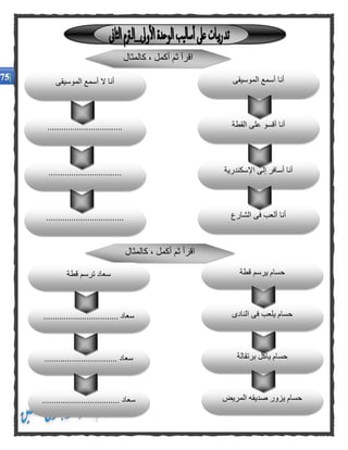 ‫اإلسكندرية‬ ‫إلى‬ ‫أسافر‬ ‫أنا‬
‫الشارع‬ ‫فى‬ ‫ألعب‬ ‫أنا‬..................................
................................
‫كالمثال‬ ، ‫أكمل‬ ‫ثم‬ ‫اقرأ‬
‫الموسيقى‬ ‫أسمع‬ ‫أنا‬
‫القطة‬ ‫على‬ ‫أقسو‬ ‫أنا‬.................................
‫الموسيقى‬ ‫أسمع‬ ‫ال‬ ‫أنا‬
‫برتقالة‬ ‫يأكل‬ ‫حسام‬
‫المريض‬ ‫صديقه‬ ‫يزور‬ ‫حسام‬.................. ‫سعاد‬................
......................... ‫سعاد‬.......
‫كالمثال‬ ، ‫أكمل‬ ‫ثم‬ ‫اقرأ‬
‫قطة‬ ‫يرسم‬ ‫حسام‬
‫النادى‬ ‫فى‬ ‫يلعب‬ ‫حسام‬................................. ‫سعاد‬
‫قطة‬ ‫ترسم‬ ‫سعاد‬
 