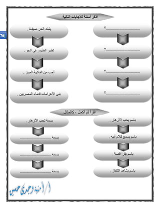 ‫كالمثال‬ ، ‫أكمل‬ ‫ثم‬ ‫اقرأ‬
. ‫قصة‬ ‫يقرأ‬ ‫باسم‬
. ‫التلفاز‬ ‫يشاهد‬ ‫باسم‬.............................. ‫بسمة‬
‫ب‬.............................. ‫سمة‬
. ‫األزهار‬ ‫يحب‬ ‫باسم‬
. ‫أبيه‬ ‫كالم‬ ‫يسمع‬ ‫باسم‬.............................. ‫بسمة‬
. ‫األزهار‬ ‫تحب‬ ‫بسمة‬
‫.................................؟‬
‫.................................؟‬
. ‫الموز‬ ‫الفاكهة‬ ‫من‬ ‫أحب‬
‫التالية‬ ‫لإلجابات‬ ‫أسئلة‬ ‫اذكر‬
‫.................................؟‬
‫.................................؟‬. ‫الجو‬ ‫فى‬ ‫الطيور‬ ‫تطير‬
. ‫ا‬ً‫ـ‬‫صيفـ‬ ‫الحر‬ ‫يشتد‬
. ‫المصريين‬ ‫قدماء‬ ‫األهرامات‬ ‫بنى‬
 