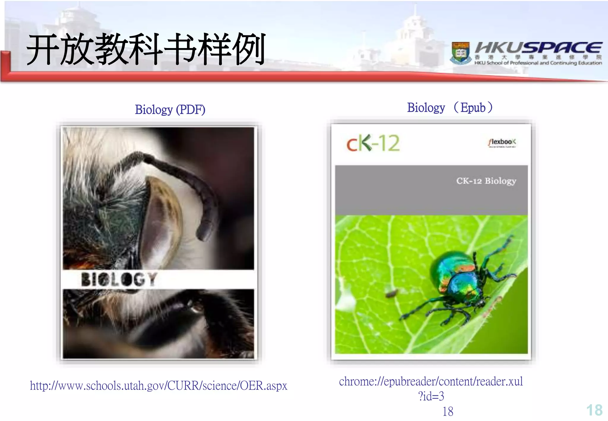 1818
Biology (PDF)
http://www.schools.utah.gov/CURR/science/OER.aspx chrome://epubreader/content/reader.xul
?id=3
Biology （Epub）
开放教科书样例
 