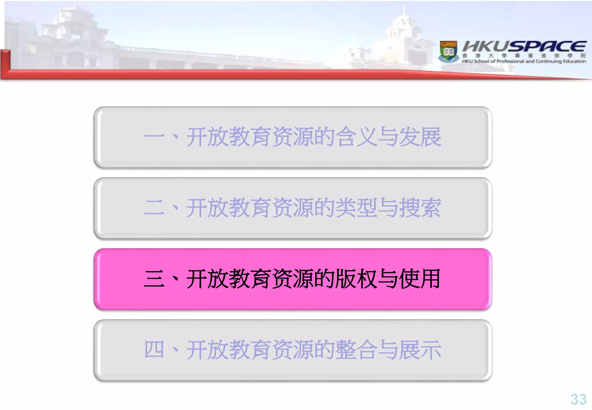 33
一、开放教育资源的含义与发展
二、开放教育资源的类型与搜索
三、开放教育资源的版权与使用
四、开放教育资源的整合与展示
 