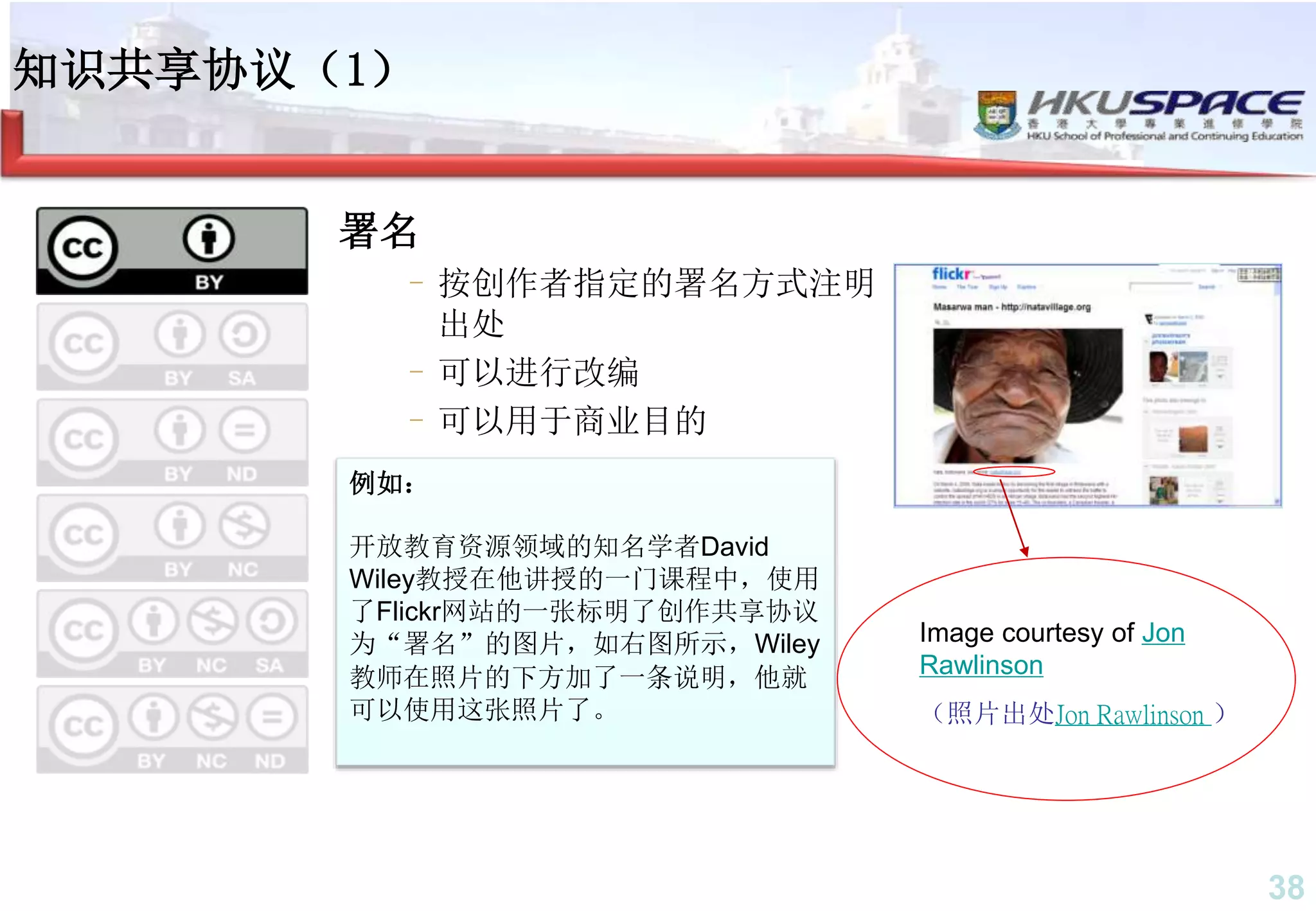 38
署名
–按创作者指定的署名方式注明
出处
–可以进行改编
–可以用于商业目的
知识共享协议（1）
Image courtesy of Jon
Rawlinson
（照片出处Jon Rawlinson ）
例如：
开放教育资源领域的知名学者David
Wiley教授在他讲授的一门课程中，使用
了Flickr网站的一张标明了创作共享协议
为“署名”的图片，如右图所示，Wiley
教师在照片的下方加了一条说明，他就
可以使用这张照片了。
 