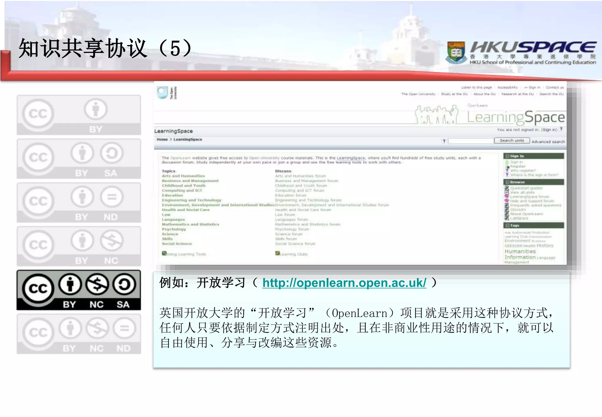 知识共享协议（5）
署名 - 非商业性使用 - 相同方式共享
–注明出处
–不可以用于商业目的
–可以进行改编，但是新作品上需要使用相同类型的
许可协议
例如：开放学习（ http://openlearn.open.ac.uk/ ）
英国开放大学的“开放学习”（OpenLearn）项目就是采用这种协议方式，
任何人只要依据制定方式注明出处，且在非商业性用途的情况下，就可以
自由使用、分享与改编这些资源。
 