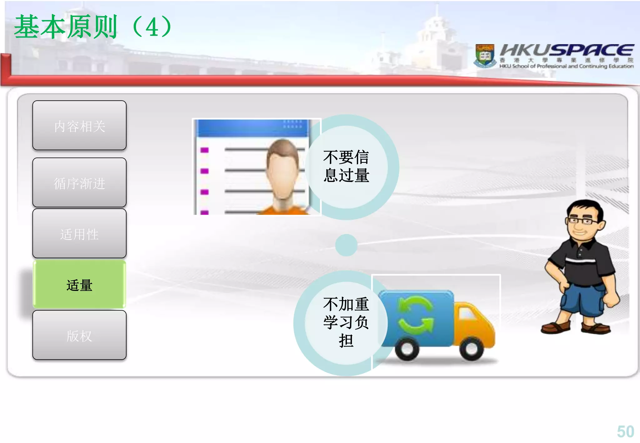 50
循序渐进
适用性
适量
版权
内容相关
基本原则（4）
不要信
息过量
不加重
学习负
担
 