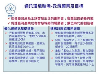 通訊環境整備-政策願景及目標
優化資通訊基礎建設
 行動寬頻服務涵蓋率96%，市
內涵蓋率98%，付費1,500萬戶，
頻寬達100M
 建構高效能信賴網路，產業及
民眾滿意度70分以上
 完善網路相關法規，電子商務
暨網路服務等總產值達2兆元
 接軌國際資通訊技術、物聯網
等標準，提升全球競爭力
建構超聯結服務網絡
 帶動智慧物聯網創新服務體系及
「創意創新創業」群聚
 發展「智慧生活」及「智慧城鄉」
創新服務應用，每年至少6個城
鄉參與，20項應用
 推動「數位文化創意」整合型產
業及推動偏鄉數位關懷服務應用
 發展巨量雲端服務：智慧交通、
防災監控、環境監控、終身學習
等應用，民眾滿意度達70分以上
10
 促使臺灣成為全球智慧生活的創新者；智慧政府的新典範
 促進臺灣產業成為智慧城鄉的驅動者；數位時代的創造者
 