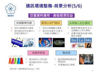 8
巨量資料運用，創造經濟效益
資料來源：資策會整理自McKinsey、WEF
美國醫療照護
 每年3,000億美元產值
 每年提升0.7%生產力（
約當21億美元）
歐盟公部門施政
 每年2,500億歐元產值
 每年0.5%提升生產力
（約當12.5億歐元）
全球個人定位資料
 服務供應商每年至少
1,000億以上美元營收
 消費者創造高達7,000
億美元產值
美國零售業
 提升60%以上的毛利
 每年提升0.5%～1%生
產力
 產品開發與組裝成本
降低50%
 7%營運成本之降低
製造業
通訊環境整備-背景分析(5/6)
 