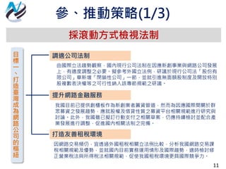 參、推動策略(1/3)
11
採滾動方式檢視法制
目
標
一
丶
打
造
臺
灣
成
為
網
路
公
司
的
樞
紐
調適公司法制
提升網路金融服務
打造友善租稅環境
由國際立法趨勢觀察，國內現行公司法制在因應新創事業與網路公司發展
上，有適度調整之必要。擬參考外國立法例，研議於現行公司法「股份有
限公司」章新增「閉鎖性公司」一節，並就引進無面額股制度及開放特別
股複數表決權等之可行性納入該專節規範之研議。
我國目前已提供創櫃板作為新創業者籌資管道，然而為因應國際間關於群
眾募資之發展趨勢，應就股權及借貸性質之募資平台相關規範進行研究與
討論。此外，我國雖已擬訂行動支付之相關草案，仍應持續檢討並配合產
業發展進行調整，促進國內相關法制之完備。
因網路交易頻仍，宜透過外國租稅相關立法例比較，分析我國網路交易課
稅相關規範及優勢，並就國內目前實務運用情形及國際趨勢，適時檢討修
正營業稅法與所得稅法相關規範，促使我國租稅環境更具國際競爭力。
 