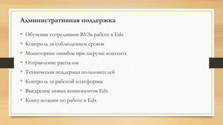 Административная поддержка
• Обучение сотрудников ВУЗа работе в Edx
• Контроль за соблюдением сроков
• Мониторинг ошибок при загрузке контента
• Отправление рассылок
• Техническая поддержка пользователей
• Контроль за работой платформы
• Внедрение новых компонентов Edx
• Консультации по работе в Edx
 
