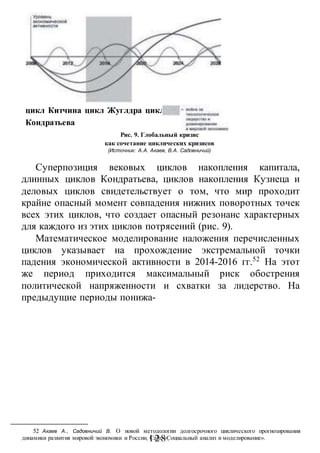 Сергей Глазьев
УКРАИНСКАЯ КАТАСТРОФА
- 128 -
цикл Китчина цикл Жуглдра цикл Кузнеца цикл
Кондратьева
Рис. 9. Глобальный кризис
как сочетание циклических кризисов
(Источник: А.А. Акаев, В.А. Садовничий)
Суперпозиция вековых циклов накопления капитала,
длинных циклов Кондратьева, циклов накопления Кузнеца и
деловых циклов свидетельствует о том, что мир проходит
крайне опасный момент совпадения нижних поворотных точек
всех этих циклов, что создает опасный резонанс характерных
для каждого из этих циклов потрясений (рис. 9).
Математическое моделирование наложения перечисленных
циклов указывает на прохождение экстремальной точки
падения экономической активности в 2014-2016 гг.52
На этот
же период приходится максимальный риск обострения
политической напряженности и схватки за лидерство. На
предыдущие периоды понижа-
52 Акаев А., Садовничий В. О новой методологии долгосрочного циклического прогнозирования
динамики развития мировой экономики и России. Сайт «Социальный анализ и моделирование».
 
