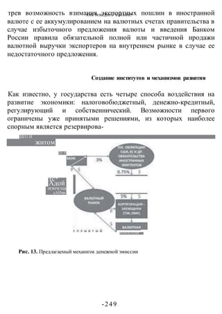 КАК ПОБЕДИТЬ В ВОИНЕ?
-249 -
Ц1 НГМЛЪМЫЙ
тс*
Адой
ИОМЧСМ&ЙЕ
ьАНии
||*ВД1РЛММН
Г
«ВМНРЧКЯНЙ
ААНКИ
ЁНПОтНй
Рис. 13. Предлагаемый механизм денежной эмиссии
трев возможность взимания экспортных пошлин в иностранной
валюте с ее аккумулированием на валютных счетах правительства в
случае избыточного предложения валюты и введения Банком
России правила обязательной полной или частичной продажи
валютной выручки экспортеров на внутреннем рынке в случае ее
недостаточного предложения.
Создание институтов и механизмов развития
Как известно, у государства есть четыре способа воздействия на
развитие экономики: налоговобюджетный, денежно-кредитный,
регулирующий и собственнический. Возможности первого
ограничены уже принятыми решениями, из которых наиболее
спорным является резервирова-
Ш11.Н
житом
 