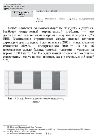 ЧТО БУДЕТ С УКРАИНОЙ?
-301 -
I 1Н ■ ф>- й— « 41
1 "*Л |рз Инн I
■иапа
мши
Рис. 16. Сальдо баланса торговли товарами и услугами,
$ млрд.88
1Г
11Р ч II ]1нж4<явг Ш1! ил
№■!№ и чи- 1 р* шя ш,нш и
И............. 1рМ| |я|1гы фнйгаян I
4РЧ
Ии Ч •)• к I 1|— 1В-Ч-1 IV
Рис.15. Платежный баланс Украины, сальдирующие
статьи
Сальдо платежей по внешней торговле товарами и услугами.
Наиболее существенный отрицательный дисбаланс — это
дисбаланс внешней торговли товарами и услугами размером в 8,5%
ВВП. Значительное отрицательное сальдо внешней торговли
характерно для последних 7 лет, начиная с 2007 г. за исключением
кризисного 2009-го и посткризисного 2010 гг. На рис. 16
представлено сальдо баланса торговли товарами и услугами за
период с 2011 по 2013 гг. В среднесрочной перспективе сохранится
существенный минус по этой позиции, как и в предыдущие 3 года84
85 86
.
84 Источник: Национальный банк Украины.
85 Глазьев С.Ю. Миф МВФ о спасении Украины, 03.06.2014 г. / Официальный сайт Глазьева С.Ю. // Режим
доступа: Нир://№ллл/.д1а2еу.ги/рге55/363/
86 Источник: Национальный банк Украины.
 