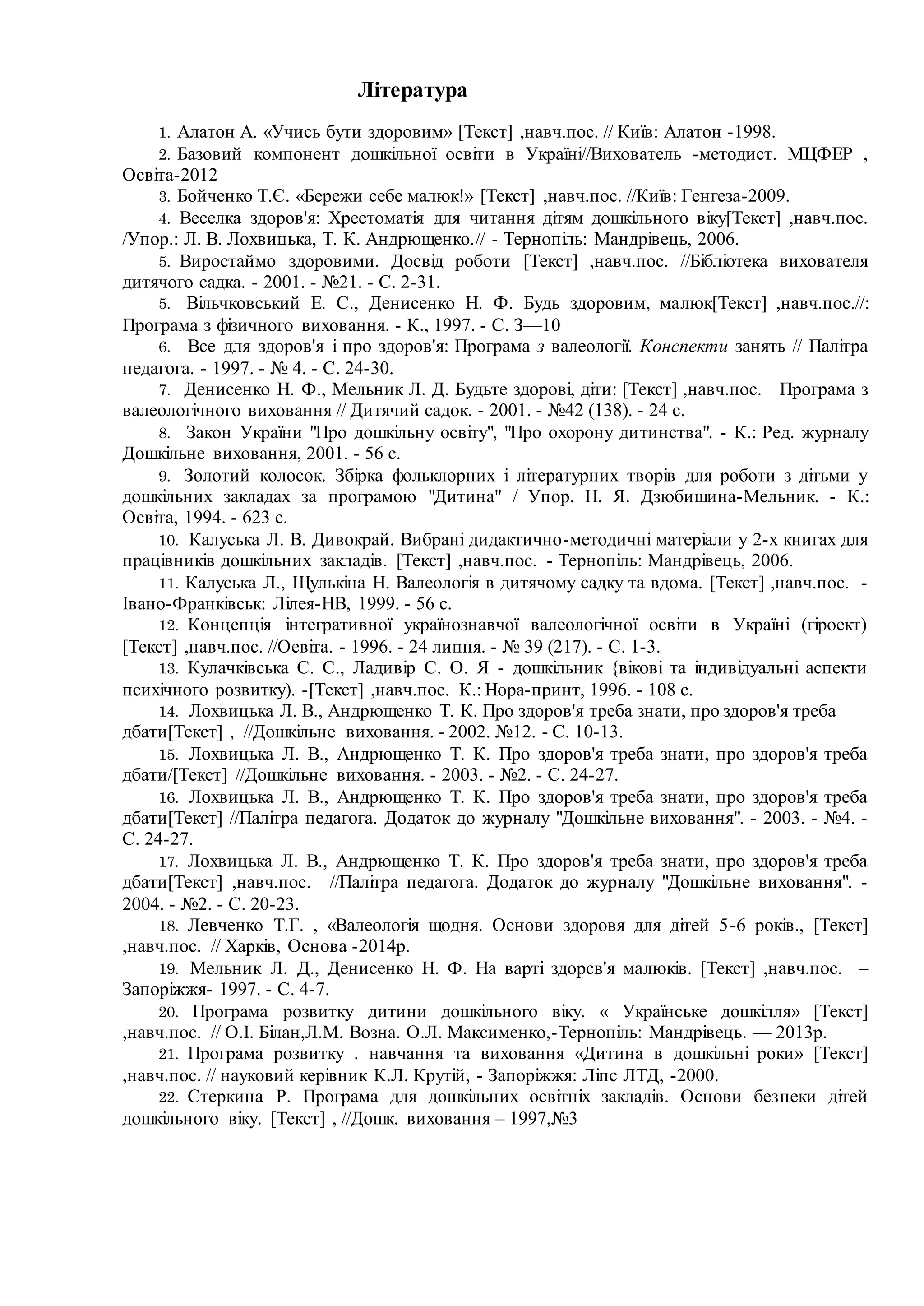 Література
1. Алатон А. «Учись бути здоровим» [Текст] ,навч.пос. // Київ: Алатон -1998.
2. Базовий компонент дошкільної освіти в Україні//Вихователь -методист. МЦФЕР ,
Освіта-2012
3. Бойченко Т.Є. «Бережи себе малюк!» [Текст] ,навч.пос. //Київ: Генгеза-2009.
4. Веселка здоров'я: Хрестоматія для читання дітям дошкільного віку[Текст] ,навч.пос.
/Упор.: Л. В. Лохвицька, Т. К. Андрющенко.// - Тернопіль: Мандрівець, 2006.
5. Виростаймо здоровими. Досвід роботи [Текст] ,навч.пос. //Бібліотека вихователя
дитячого садка. - 2001. - №21. - С. 2-31.
5. Вільчковський Е. С., Денисенко Н. Ф. Будь здоровим, малюк[Текст] ,навч.пос.//:
Програма з фізичного виховання. - К., 1997. - С. З—10
6. Все для здоров'я і про здоров'я: Програма з валеології. Конспекти занять // Палітра
педагога. - 1997. - № 4. - С. 24-30.
7. Денисенко Н. Ф., Мельник Л. Д. Будьте здорові, діти: [Текст] ,навч.пос. Програма з
валеологічного виховання // Дитячий садок. - 2001. - №42 (138). - 24 с.
8. Закон України "Про дошкільну освіту", "Про охорону дитинства". - К.: Ред. журналу
Дошкільне виховання, 2001. - 56 с.
9. Золотий колосок. Збірка фольклорних і літературних творів для роботи з дітьми у
дошкільних закладах за програмою "Дитина" / Упор. Н. Я. Дзюбишина-Мельник. - К.:
Освіта, 1994. - 623 с.
10. Калуська Л. В. Дивокрай. Вибрані дидактично-методичні матеріали у 2-х книгах для
працівників дошкільних закладів. [Текст] ,навч.пос. - Тернопіль: Мандрівець, 2006.
11. Калуська Л., Щулькіна Н. Валеологія в дитячому садку та вдома. [Текст] ,навч.пос. -
Івано-Франківськ: Лілея-НВ, 1999. - 56 с.
12. Концепція інтегративної українознавчої валеологічної освіти в Україні (гіроект)
[Текст] ,навч.пос. //Оевіта. - 1996. - 24 липня. - № 39 (217). - С. 1-3.
13. Кулачківська С. Є., Ладивір С. О. Я - дошкільник {вікові та індивідуальні аспекти
психічного розвитку). -[Текст] ,навч.пос. К.: Нора-принт, 1996. - 108 с.
14. Лохвицька Л. В., Андрющенко Т. К. Про здоров'я треба знати, про здоров'я треба
дбати[Текст] , //Дошкільне виховання. - 2002. №12. - С. 10-13.
15. Лохвицька Л. В., Андрющенко Т. К. Про здоров'я треба знати, про здоров'я треба
дбати/[Текст] //Дошкільне виховання. - 2003. - №2. - С. 24-27.
16. Лохвицька Л. В., Андрющенко Т. К. Про здоров'я треба знати, про здоров'я треба
дбати[Текст] //Палітра педагога. Додаток до журналу "Дошкільне виховання". - 2003. - №4. -
С. 24-27.
17. Лохвицька Л. В., Андрющенко Т. К. Про здоров'я треба знати, про здоров'я треба
дбати[Текст] ,навч.пос. //Палітра педагога. Додаток до журналу "Дошкільне виховання". -
2004. - №2. - С. 20-23.
18. Левченко Т.Г. , «Валеологія щодня. Основи здоровя для дітей 5-6 років., [Текст]
,навч.пос. // Харків, Основа -2014р.
19. Мельник Л. Д., Денисенко Н. Ф. На варті здорсв'я малюків. [Текст] ,навч.пос. –
Запоріжжя- 1997. - С. 4-7.
20. Програма розвитку дитини дошкільного віку. « Українське дошкілля» [Текст]
,навч.пос. // О.І. Білан,Л.М. Возна. О.Л. Максименко,-Тернопіль: Мандрівець. — 2013р.
21. Програма розвитку . навчання та виховання «Дитина в дошкільні роки» [Текст]
,навч.пос. // науковий керівник К.Л. Крутій, - Запоріжжя: Ліпс ЛТД, -2000.
22. Стеркина Р. Програма для дошкільних освітніх закладів. Основи безпеки дітей
дошкільного віку. [Текст] , //Дошк. виховання – 1997,№3
 