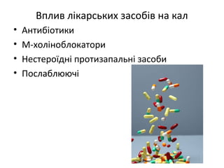 Вплив лікарських засобів на кал
• Антибіотики
• М-холіноблокатори
• Нестероїдні протизапальні засоби
• Послаблюючі
 