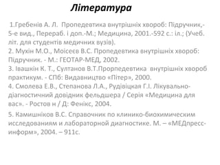 Література
1.Гребенів А. Л. Пропедевтика внутрішніх хвороб: Підручник,-
5-е вид., Перераб. і доп.-М.; Медицина, 2001.-592 с.: іл.; (Учеб.
літ. для студентів медичних вузів).
2. Мухін М.О., Моісеєв В.С. Пропедевтика внутрішніх хвороб:
Підручник. - М.: ГЕОТАР-МЕД, 2002.
3. Івашкін К. Т., Султанов В.Т.Прорпедевтика внутрішніх хвороб
практикум. - СПб: Видавництво «Пітер», 2000.
4. Смолева Е.В., Степанова Л.А., Рудівіцкая Г.І. Лікувально-
діагностичний довідник фельдшера / Серія «Медицина для
вас». - Ростов н / Д: Фенікс, 2004.
5. Камишніков В.С. Справочник по клинико-биохимическим
исследованиям и лабораторной диагностике. М. – «МЕДпресс-
информ», 2004. – 911с.
 