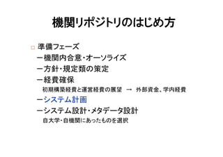 準備フェーズ
－機関内合意・オーソライズ
－方針・規定類の策定
－経費確保
初期構築経費と運営経費の展望 → 外部資金、学内経費
－システム計画
－システム設計・メタデータ設計
自大学・自機関にあったものを選択
機関リポジトリのはじめ方
 