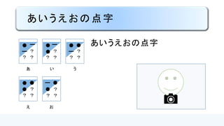 アイウエオ点字
ア イ ウ エ オ
？
？？
？
？？
？
？？
？
？？
？
？？
 