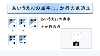 アイウエオ点字+カ行の点
カ キ ク ケ コ
 