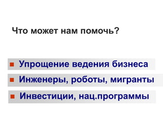Что может нам помочь?
 Упрощение ведения бизнеса
 Инженеры, роботы, мигранты
 Инвестиции, нац.программы
 