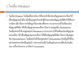 1.โมเด็ม (Modem)
 โมเด็ม (Modem) โมเด็มเป็นฮาร์ดแวร์ที่ทาหน้าที่แปลงสัญญาณแอนะล็อกให้
เป็นสัญญาณดิ จิตัล เมื่อข้อมูลถูกส่งมายังผู้รับละแปลงสัญญาณดิจิตัลให้เป็นแอ
นะล็อก เมื่อ ต้องการส่งข้อมูลไปบนช่องสื่อสาร กระบวนการที่โมเด็มแปลง
สัญญาณดิจิตัล ให้เป็นสัญญาณแอนะล็อก เรียกว่า มอดูเลชัน (Modulation)
โมเด็มทาหน้าที่ มอดูเลเตอร์ (Modulator) กระบวนการที่โมเด็มแปลงสัญญาณ
แอนะล็อก ให้ เป็นสัญญาณแอนะล็อก ให้เป็นสัญญาณดิจิตัล เรียกว่า ดีมอดูเล
ชัน (Demodulation) โมเด็มหน้าที่ ดีมอดูเลเตอร์ (Demodulator)โมเด็มที่ใช้กัน
อย่างแพร่หลายในปัจจุบันมี 2 ประเภทโมเด็กในปัจจุบันทางานเป็นทั้งโมเด็ม
และ เครื่องโทรสาร เราเรียกว่า Faxmodem
 