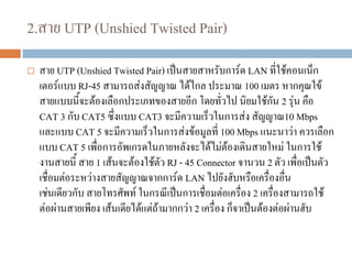 2.สาย UTP (Unshied Twisted Pair)
 สาย UTP (Unshied Twisted Pair) เป็นสายสาหรับการ์ด LAN ที่ใช้คอนเน็ก
เตอร์แบบ RJ-45 สามารถส่งสัญญาณ ได้ไกล ประมาณ 100 เมตร หากคุณใข้
สายแบบนี้จะต้องเลือกประเภทของสายอีก โดยทั่วไป นิยมใช้กัน 2 รุ่น คือ
CAT 3 กับ CAT5 ซึ่งแบบ CAT3 จะมีความเร็วในการส่ง สัญญาณ10 Mbps
และแบบ CAT 5 จะมีความเร็วในการส่งข้อมูลที่ 100 Mbps แนะนาว่า ควรเลือก
แบบ CAT 5 เพื่อการอัพเกรดในภายหลังจะได้ไม่ต้องเดินสายใหม่ ในการใช้
งานสายนี้ สาย 1 เส้นจะต้องใช้ตัว RJ - 45 Connector จานวน 2 ตัว เพื่อเป็นตัว
เชื่อมต่อระหว่างสายสัญญาณจากการ์ด LAN ไปยังฮับหรือเครื่องอื่น
เช่นเดียวกับ สายโทรศัพท์ ในกรณีเป็นการเชื่อมต่อเครื่อง 2 เครื่องสามารถใช้
ต่อผ่านสายเพียง เส้นเดียได้แต่ถ้ามากกว่า 2 เครื่อง ก็จาเป็นต้องต่อผ่านฮับ
 