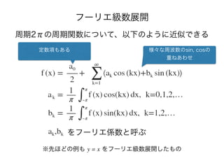 フーリエ級数展開
をフーリエ係数と呼ぶ
周期2πの周期関数について、以下のように近似できる
様々な周波数のsin, cosの
重ねあわせ
※先ほどの例も y = x をフーリエ級数展開したもの
定数項もある
 