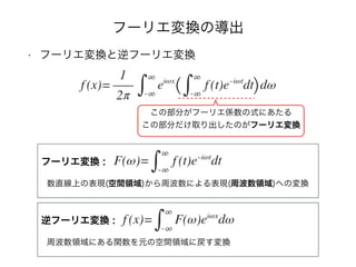 フーリエ変換の導出
• フーリエ変換と逆フーリエ変換
この部分がフーリエ係数の式にあたる
この部分だけ取り出したのがフーリエ変換
フーリエ変換 :
数直線上の表現(空間領域)から周波数による表現(周波数領域)への変換
逆フーリエ変換 :
周波数領域にある関数を元の空間領域に戻す変換
 